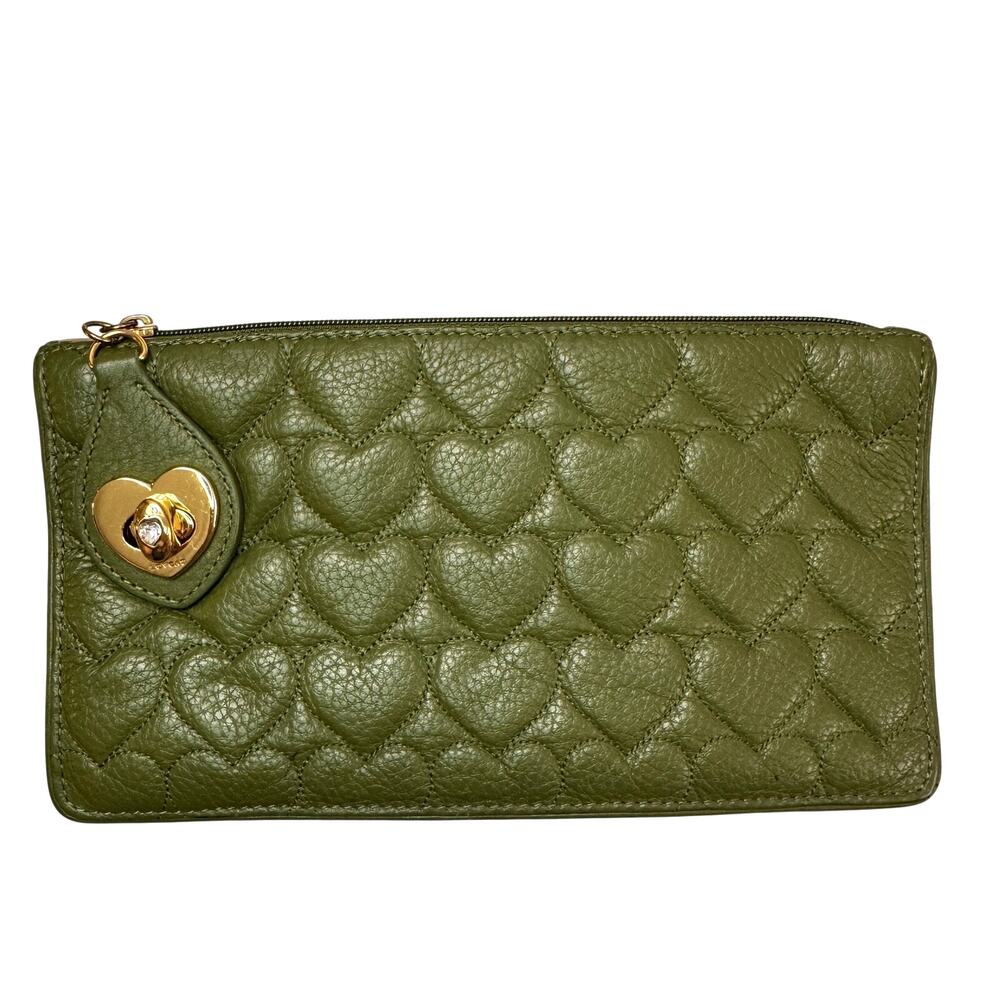 LovCat Handbag Green Pebbled Leather Heart Turnlock Snap Bi-Fold Wallet Wristlet